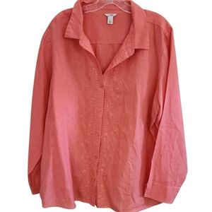 L L Bean Linen Coral Peach Top Button-down Shirt Plus Size